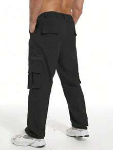 Plus Size Men's Solid Color Front Lace-Up Multi-Pocket Casual Cargo Pants, Daily Wear