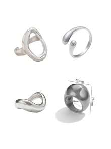 4-Piece Minimalist Stainless Steel Smooth Asymmetric Ring Set, Oval Hollow Stackable Ring, Large Spherical Ring, Women's Jewelry - Silver - View 6
