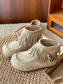 1 Pair Autumn/Winter New Retro Velvet Children Boots, Girls Korean Version Tassel Short Boots With Back Zipper, Princess Shoes