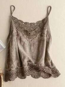 Áo hai dây nữ thời trang cổ điển, dáng rộng, màu trơn, thêu ren rỗng, phối ren, thích hợp cho mùa hè. - Cà phê nâu - Xem 1