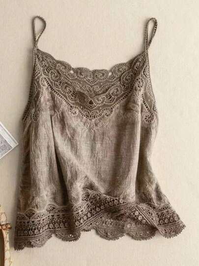 女士时尚复古休闲宽松纯色镂空刺绣蕾丝拼接吊带背心