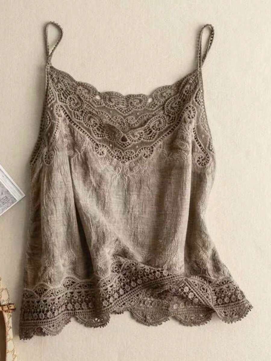 Áo hai dây nữ thời trang cổ điển, dáng rộng, màu trơn, thêu ren rỗng, phối ren, thích hợp cho mùa hè. - Cà phê nâu - Xem 1