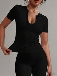 XLLAIS Women's Fashionable Zip Collar Solid Color Tight Fit T-Shirt, Stretchy Short Sleeve Casual Sports Top, Back To School Season - Black - View 1