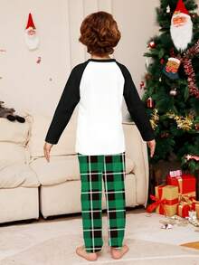 2pcs Young Boy Simple Letter Grid Splice Random Print Raglan Sleeve Christmas Pajamas Set - Multicolor - View 2