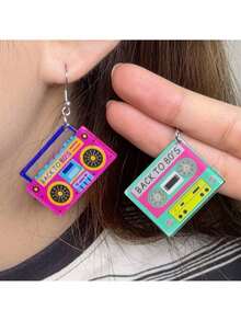 European And American INS Style Cute Color-Block Printed Tape Acrylic Earrings Studs Fashionable Personality Earrings Jewelry Women - 玫紅收音機一 - 查看 3