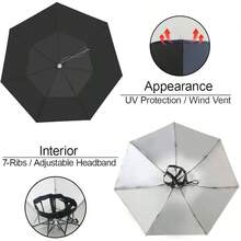 Hat Folding Adjustable Rain Cap, 37.4 UPF 50+ Large Hands Umbrellas, - Ribs Waterproof Headwear Fishing Gardening Sunshade Outdoor - Negro - - Ver 5
