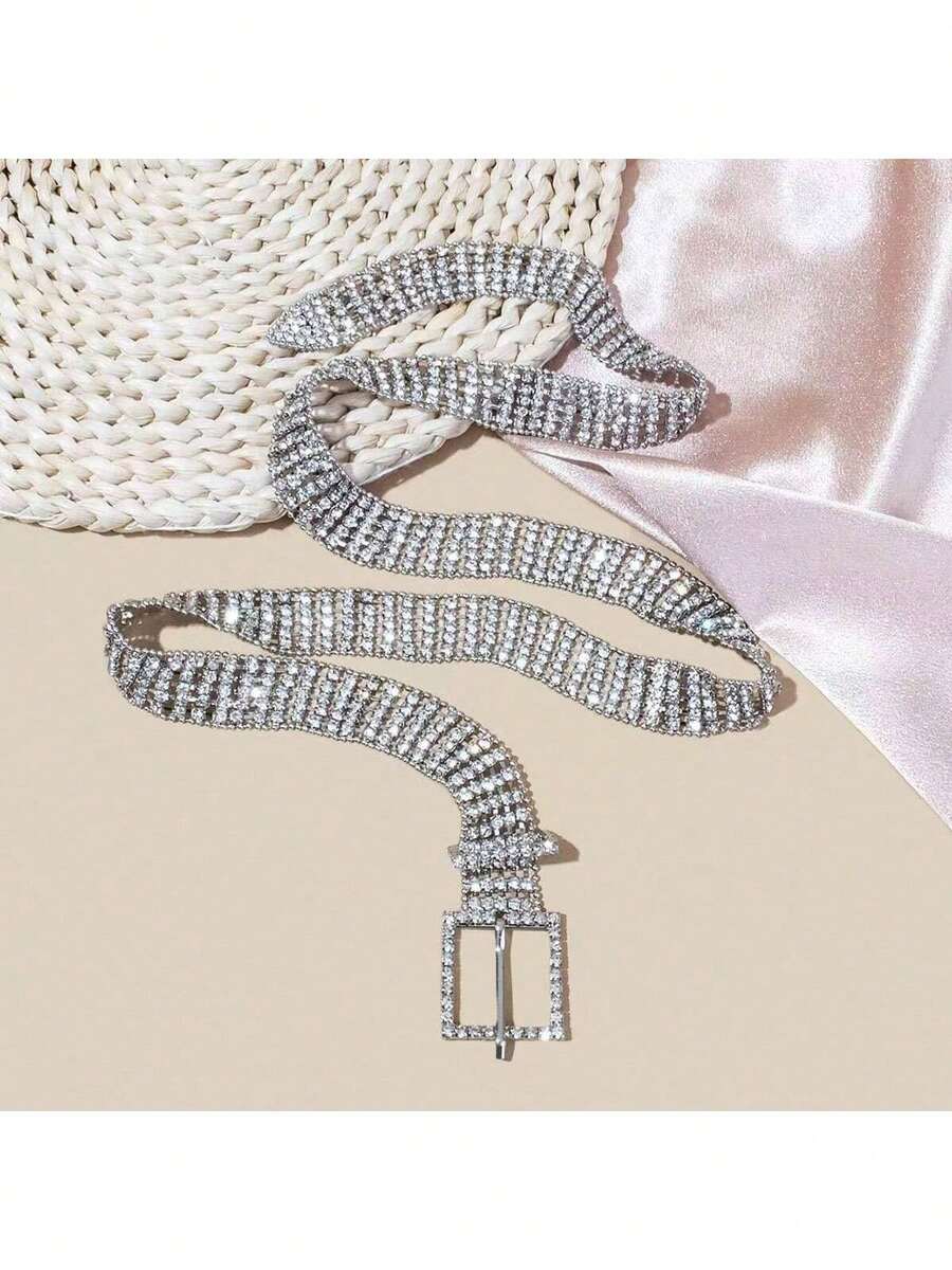 Vintage Silver Waist Belt, 1PC - Full Diamond-Encrusted For High-End Elegant Women, Wonderful Gift For Elegance Lovers, Suitable For Daily Wear, Evening Gatherings & Glamorous Casual, A Thoughtful Present For Women Into Timeless Sparkling Aesthetics