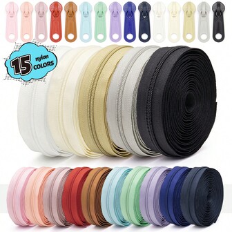 1 套 = 450 厘米拉链 + 10 个拉链头，#5 尼龙拉链有多种颜色可选，配套塑料拉链头有 15 种颜色可选，适用于服装、箱包、家纺、帐篷、手工艺品、缝纫替换
