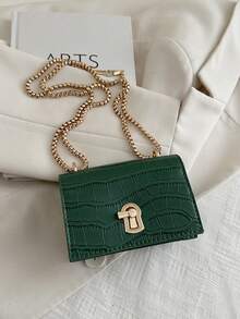 迷你简约扣鱼骨链单肩包 - 墨綠色 - 查看 6