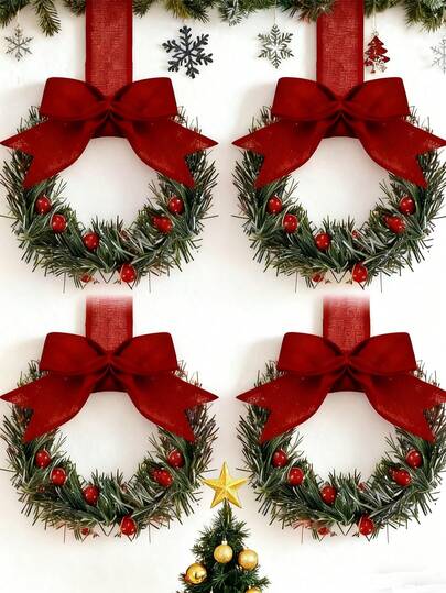 1/2/4pcs Christmas Mini Wreath Cabinet Window Hanging Decorations With, Christmas Wreath, Pine Needles Wreath With Red Berry Hanging Decorations, Red Bow Garland Decoration, Xmas Decoration, Christmas Decorations, Christmas Gifts, Stocking Fillers . Home Decor Room Decor