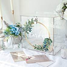 1 set cutie poștală acrilică pentru nuntă cu încuietoare, cutie poștală acrilică pentru nuntă cu coroană de eucalipt aurie, cutie pentru plicuri de bani pentru nuntă, potrivită pentru nuntă, logodnă, ziua de naștere, petrecere de absolvire, decorare de petrecere cu cadouri de botez
