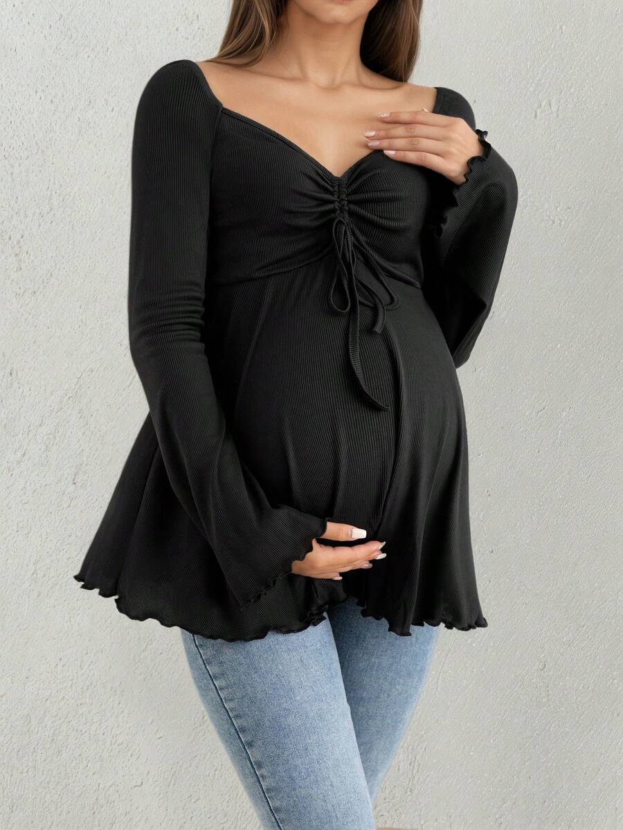Maternity Sweetheart Collar Ribbed Drawstring Flared Hem Bell Sleeve Blouse