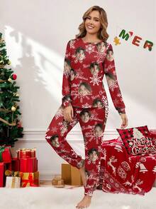 Printstory Customized Women's Pajama Set, Personalized With Pet, Character, Or Portrait Designs, Christmas/Holiday/Bestie Gift, Fall & Winter - Red - View 4