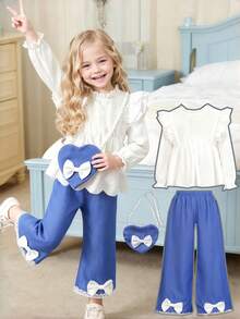 3pcs/Set Young Girls Casual Outfit, Soft & Comfortable Fabric, White T-Shirt, Blue Pants, Heart Decor Backpack, Bowknot Decor, Suitable For 4-7 Years Old, Daily Wear, Long Sleeve Top & Pants Set
