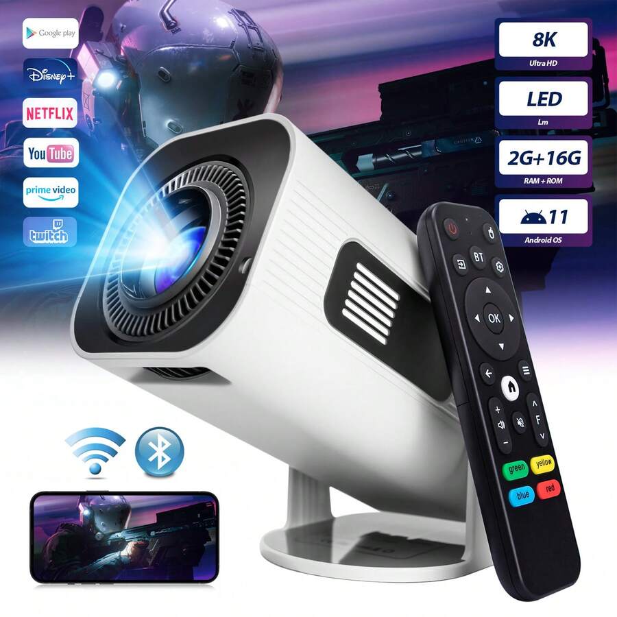 Carsapro Proyector 8k Portatil Hp330,Android 11 ,1G+8G Mini Proyector,8k Full Hd Profesional Proyector,LED Proyectores Para Celular Bluetooth Mirrorlink Usb Aux Wifi 2.4/5ghz,Proyector Inteligente , Reuniones Familiares, Camping, Oficina, Fiestas al Aire Libre.