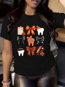 Women's Casual Crew Neck Dental Halloween T-Shirt, Printed Short Sleeve, Regular Fit, All-Season Top, Women's T-Shirt - 黑色 - 查看 1