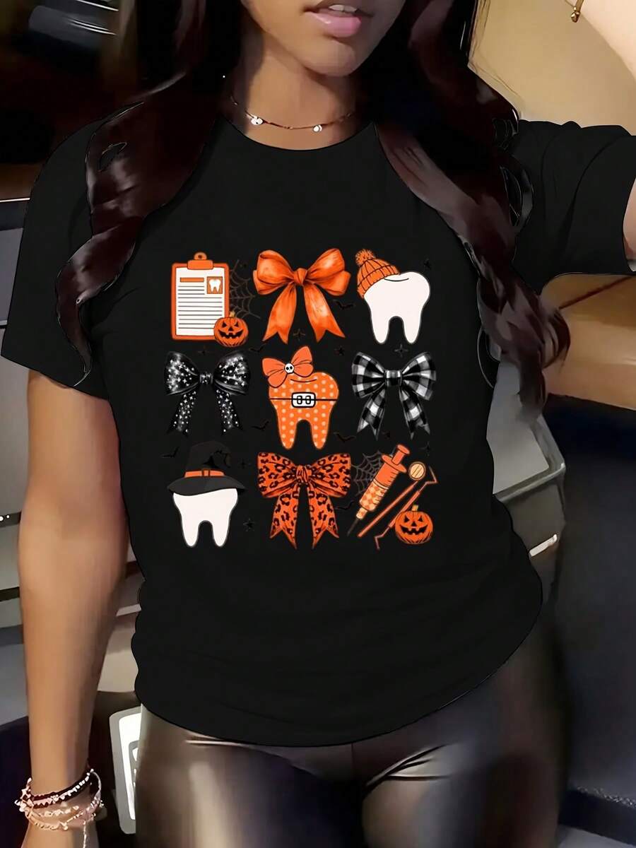 Women's Casual Crew Neck Dental Halloween T-Shirt, Printed Short Sleeve, Regular Fit, All-Season Top, Women's T-Shirt - 黑色 - 查看 1