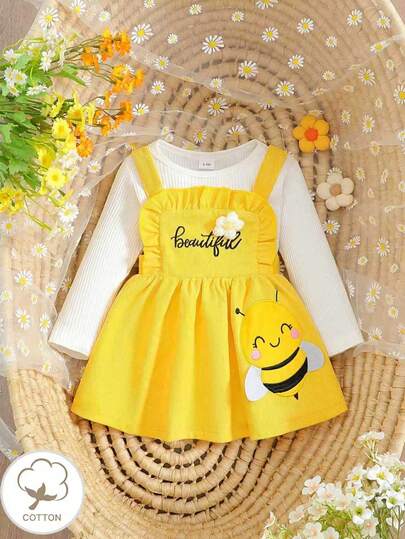 Baby Girl Söt Bee Broderi 3D blommig rund hals långärmad topp och volang haklappsklänning set