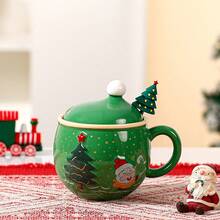 1 conjunto de canecas de cerâmica estilo árvore de Natal 3D com colher e tampa de aço inoxidável, xícara de café, decoração para casa de fim de ano, presente de Natal ideal para café, leite e chá