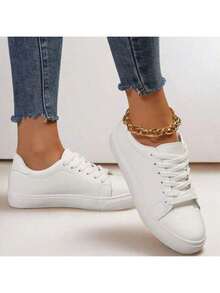 Plus Size Women White Sneakers, Fashion Casual Lace-Up Flat Shoes, Versatile School/Sports Shoes (Please Order One Size Up As The Shoes Run Small)