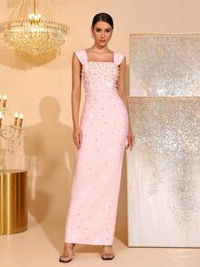 New Sexy Yellow Heavily Embellished Pearl & Rhinestone Off-Shoulder Bandage Maxi Dress, Elegant Women's Birthday Party, Wedding Guest, Formal Dinner, Christmas Party Gown - Pink - View 2