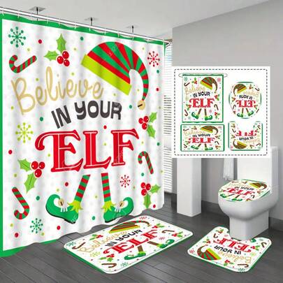 1件/3件/4件圣诞主题浴帘套装，含地垫和挂钩 - 涤纶雪花图案浴室装饰套装 - 四季通用防污编织浴帘，配防滑浴室地垫 - 可机洗，节日家居装饰