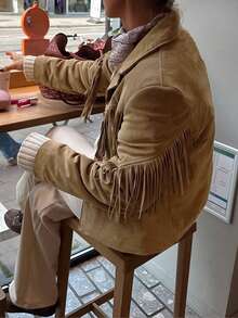 Women's Autumn/Winter Denim Jacket, Casual Sexy Boho Fringed Suede Regular Outerwear For Country Music Festival, Holiday - Khaki - View 2