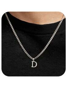 1 pièce Chaîne cubaine en acier inoxydable avec 26 lettres de l'alphabet anglais, collier pendentif avec lettre de A à Z, personnalisé, convient pour le port quotidien des hommes ou en cadeau - Acier - Voir 23