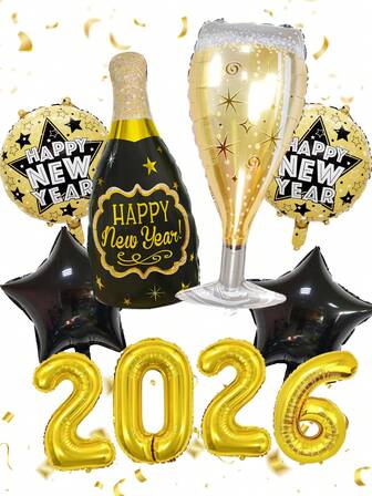 10 件/套新年气球套装，包含 16 英寸 2026 数字、星形新年英文瓶、香槟金瓶、黑色星星、18 英寸新年铝箔气球，适用于 2026 新年派对、新年派对装饰、新年主题、毕业派对、生日婚礼派对装饰、周年纪念装饰、除夕派对、节日装饰、派对用品