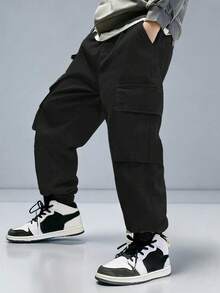 3 件套青少年男童休闲户外运动时尚多口袋抽绳工装裤，适合春、夏、秋、冬