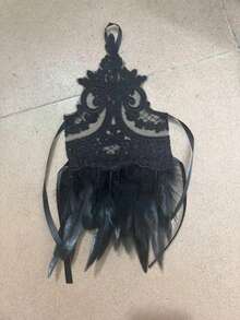 1只女士黑色蕾丝露指羽毛手套，天使/女巫服装配饰，天鹅翅膀腕套，长袖腕套，哥特式万圣节时尚配饰，白色羽毛蕾丝臂套带指环 - 新娘舞会派对服装配饰，优雅哥特式狂欢手套