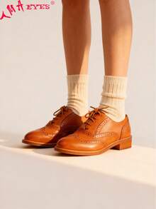 Women's Carved Leather Lace-Up Thick Heeled Single Shoes Brogue Women's Shoes - 駝色 - 查看 3