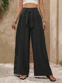Women's Casual High Waist Wide Leg Pants, Solid Color, Soft Fabric, Elastic Waistband - màu đen - Xem 10