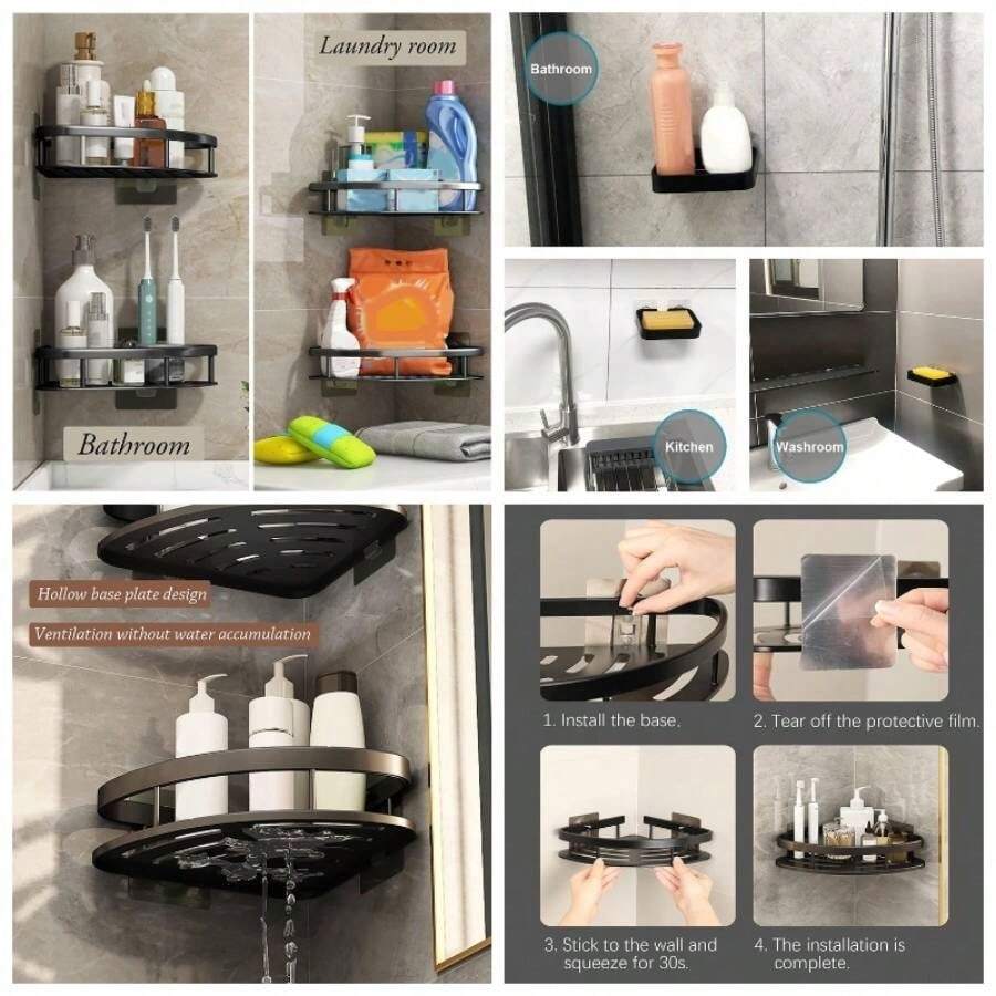 Paquete de 3 Estanteria Ducha para Bao, Estante Bao Sin Taladro, Rinconera Organizador para Bao, Estantera de Esquina para Bao, con 4 Ganchos y Soportes de Jabn, para Bao, Cocina, Hotel etc - Compañero negro - Ver 1