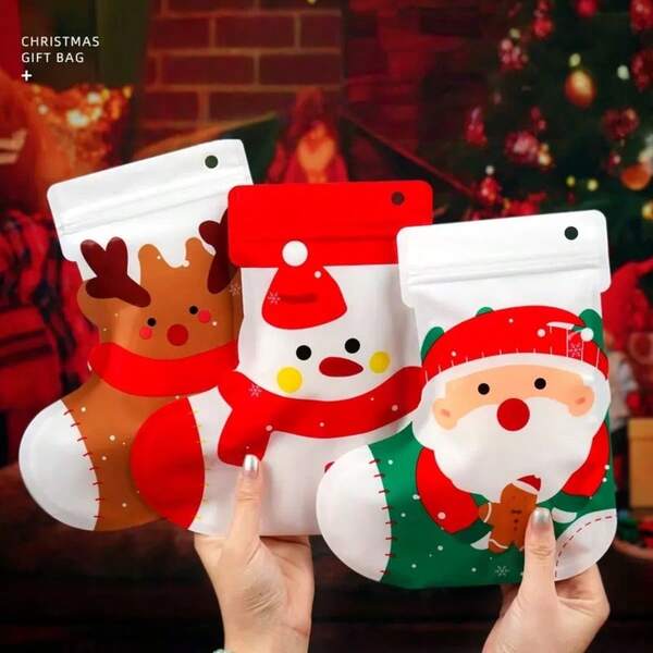 1/6/50 Bolsas de regalo de Navidad, bolsas con cierre automático con forma de calcetín de Navidad, bolsas con cremallera y dibujos adorables, bolsas de regalo creativas para galletas y dulces, bolsas de regalo perfectas para fiestas de Navidad, decoraciones navideñas, pijamas navideños, regalos de Navidad, decoración navideña