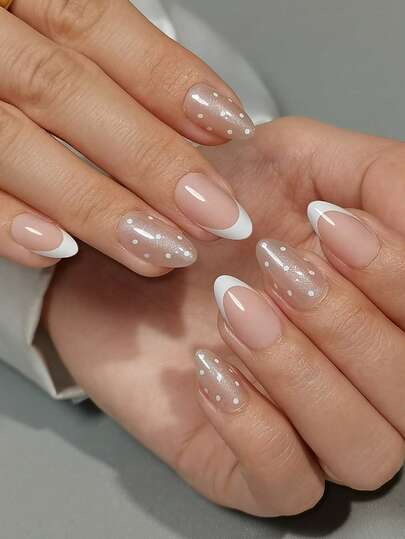 32pcs Short Almond Shaped Press-On Nails, Sweet Polka Dot French Manicure Set, Includes Jelly Gel And Nail File, Acrylic Gel Nails, Polka Dot Nails