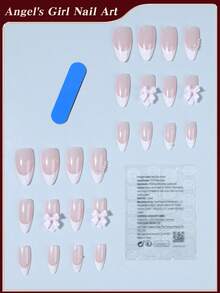 Discover The Magic Of Nail Couture ,24pcs Almond White French Tip Press On Nails ,Pearls And Bows Trim Design, Easy To Wear Acrylic False Nail Set,Contain 1pc Jelly Glue And 1pc Nail File, Suitable For Women And Girls Daily Life And All Kinds Of Party Use