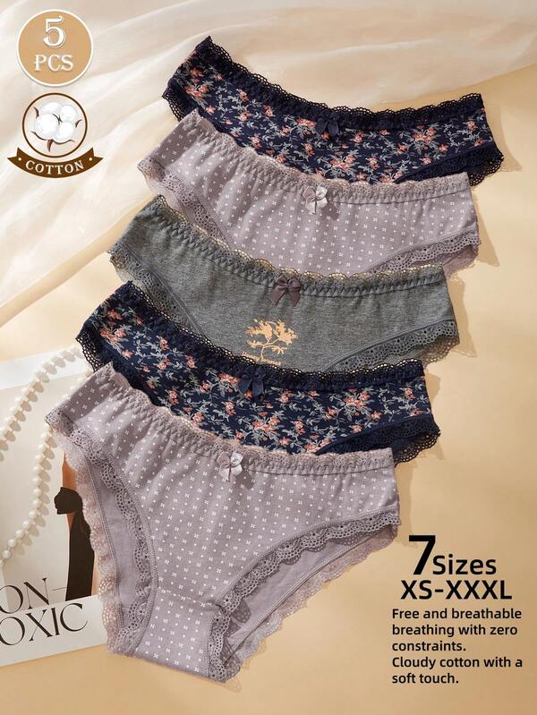 Calcinhas elásticas femininas de 5 peças, calcinhas femininas com estampa aleatória, calcinhas de algodão com acabamento em renda, calcinhas florais de cintura baixa, calcinhas femininas com laço, lingerie leve e fina e respirável, lingerie, roupa íntima francesa com estampa floral romântica, roupa íntima feminina plus size, roupa íntima para adultos e estudantes, conjunto de roupa íntima e pijama feminino rosa confortável e macio, roupa íntima feminina, adequada para as estações de primavera e verão, uso diário em casa, presentes para o Dia das Mães
