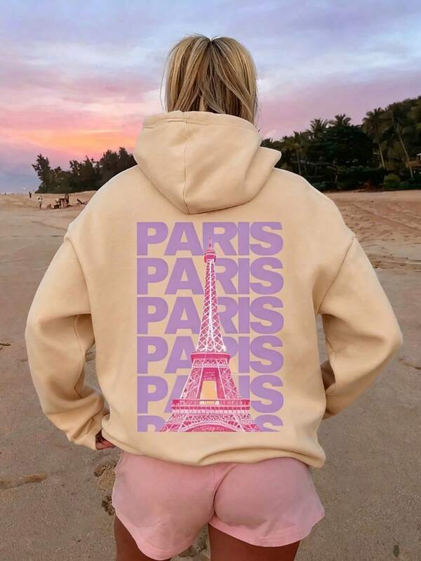 Moletom feminino quente, blusa feminina de algodão, moletom com ombros caídos, moletom grande com curvas, estampa gráfica da Torre Eiffel de Paris, forro de lã quente em tecido grosso para uso no outono e inverno, moletom com capuz com cordão, moletom casual solto, versátil, retrô, estilo preppy, adequado para roupas de clima frio, blusa de manga comprida, blusa esportiva feminina de rua, blusa feminina de assento, blusa de damasco para festival