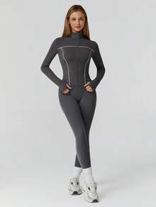 MASKERT 女士套装拼布外套女瑜伽服运动服健身服弹力拼布长裤紧身跑步服柔软舒适居家休闲 - 深灰色 - 查看 6