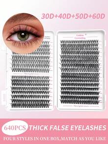 30D+40D+50D+60D Mixed 640pcs Eyelash Extension Kit, DIY Eyelash Extension Set, Individual Lash Cluster, D Curl Eyelash Extension Kit, Includes Adhesive, Sealant And Eyelash Extension Tools, Suitable For Daily Use, Parties, Travel, Or As Gifts For Family And Friends - 黑色 - 查看 3