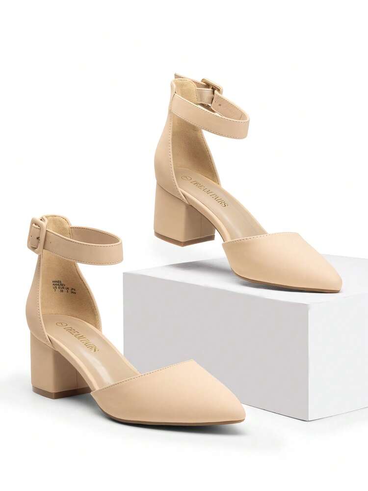 Women Pointed Toe Low Chunky Heels Pumps Ankle Strap Elegant Solid Color Fashionable Simple Shoes For Fall/Winter - 杏色 - 查看 4