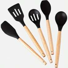 5pcs Silicone Kitchen Utensil Set With Wooden Handles, Non-Stick Cookware, Food-, Easy To Clean Modern Cooking Tools, Essential Kitchen Accessories - Multicolor - View 7