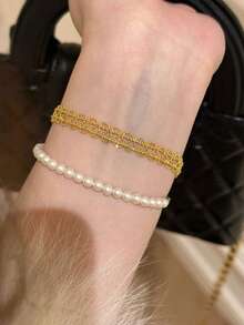 1pc Lace Trim Bracelet, Fashionable, Elegant, Delicate, Adjustable, Niche Design, High-End - Gold - View 3