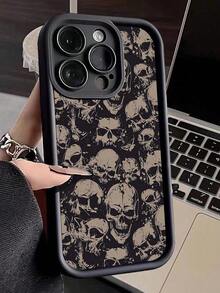 1pc Strange Black & Yellow Skull Printed Phone Case - màu đen - Xem 3