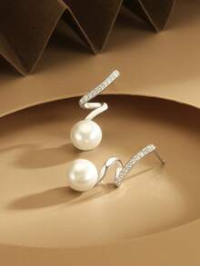 1 Pair S925 Sterling Silver Earrings With Pearls, Zirconia Stones, Minimalist Design, Elegant Pendant Earrings For Women, Luxury Jewelry Gift For Mother, Girlfriend, Friend, Couple, Daily Wear