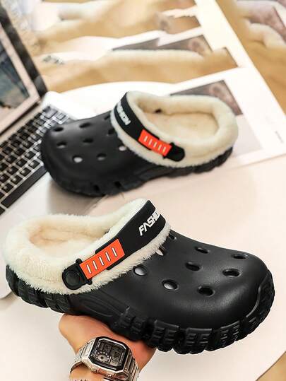 Unisex Thermal Lined Hollow Slip-On Slippers, Fashionable Casual Indoor Shoes, Warm Anti-Slip Winter Couple Clogs