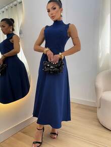 Elegant Women's Midi Dress | Premium Tailoring, High Neck, Sleeveless, With Side Buttons, Fashion Chic, Sophisticated, Summer, Evangelical Or Casual Fashion For Wedding Parties, Visits, Outings - 藏蓝色 - 查看 2