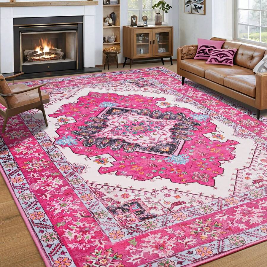 Boho Green Machine Washable Living Room Rugs -  6x9 Area Rugs For Bedroom Non-Slip Ultra-Thin Entryway Rug, Vintage Print Throw Indoor Carpet Rug For Office Kitchen - 玫紅色 - 查看 1