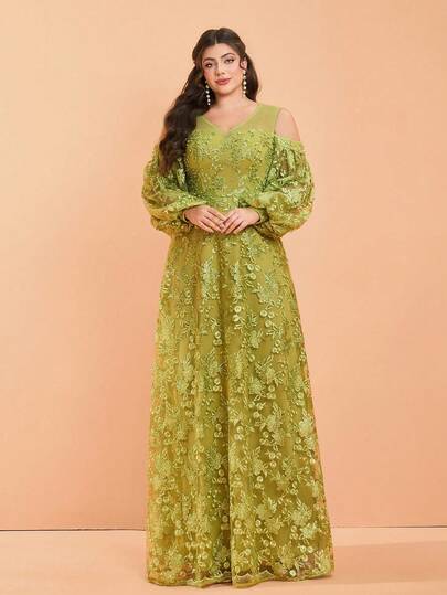 Anpoket, Neuankömmling, V-Ausschnitt, einfarbig, Abendkleid Kleid in Große Größen, schwere Stickerei, Stickerei, Laternenärmel, Langkleid